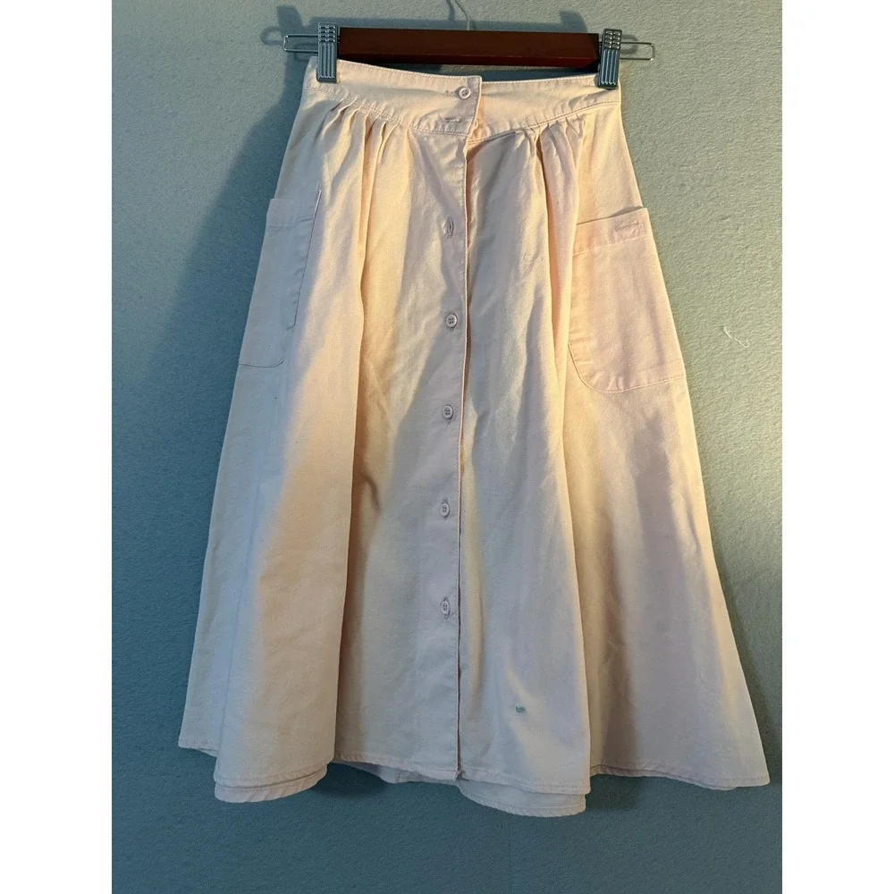 Vtg OshKosh B'gosh Skirt Girls 7 Pink Button Front Pockets Cotton Midi A FLAW